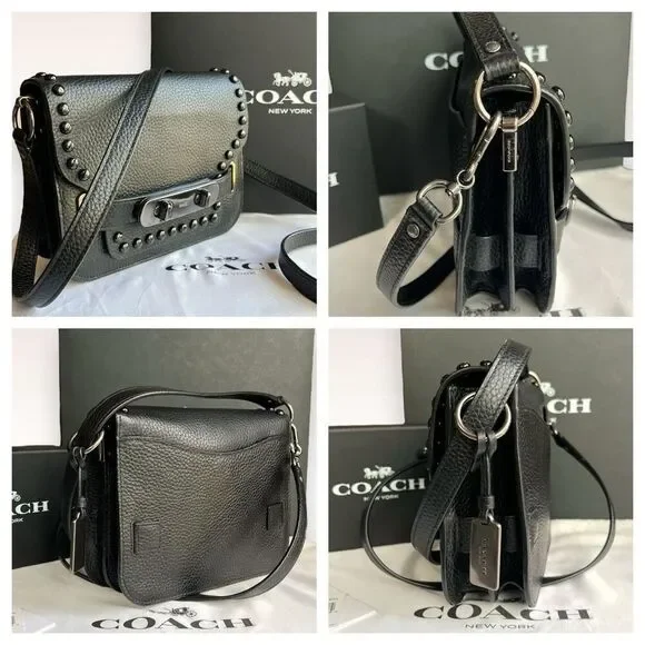 🖤🩶Coach Swagger Saddle / Shoulder Bag Black w/ Rivets & Gunmetal Hardware $400 - Picture 5 of 17